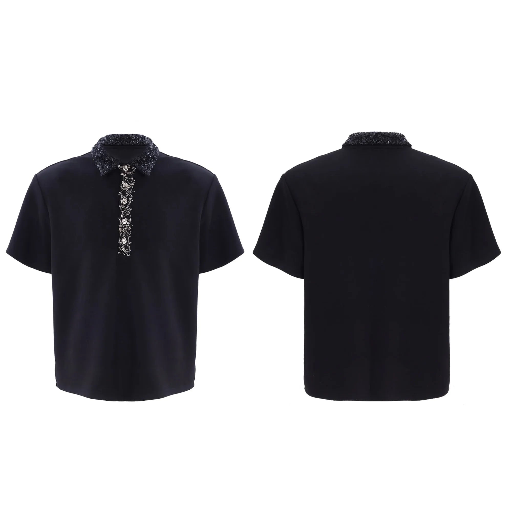 Men's loose fit polo t-shirt with a square collar in solid black, grey, or white.