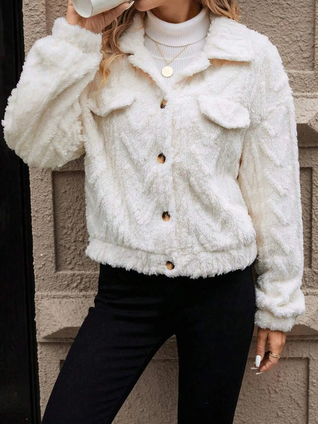 Women's ivory white double-sided plush cardigan with button front in regular fit