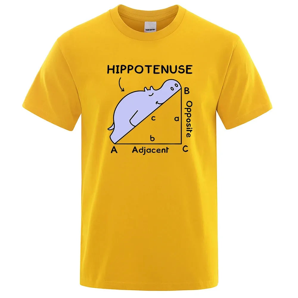 Mathematics humour printed cotton T-shirt showing Hippotenuse Opposite Adjacent design in loose fit with regular sleeves