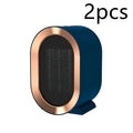 Desktop electric fan heater with a casting shell, showing mechanical dial and available in black, blue, green, or white.