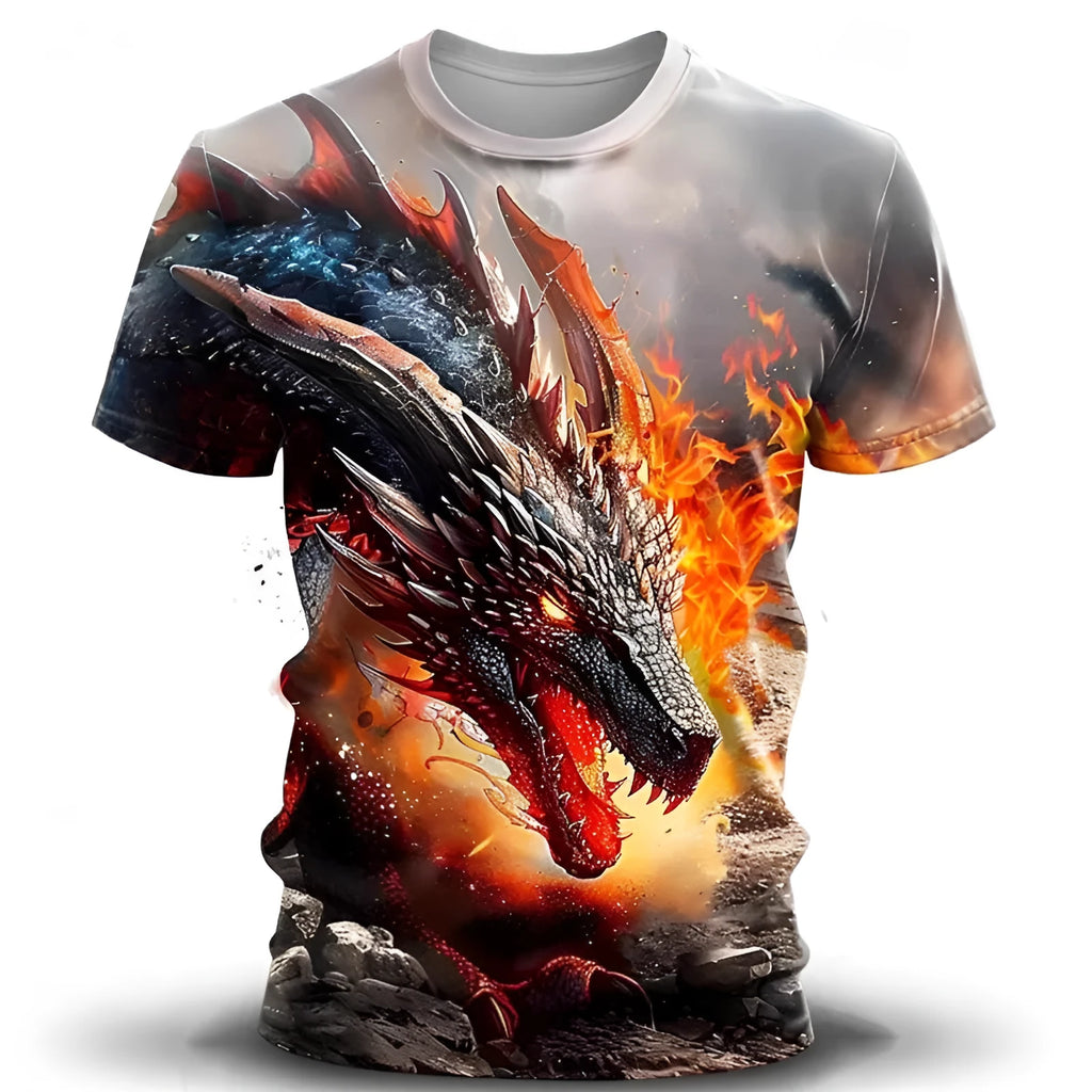 Man wearing a grey t-shirt with a large blue and white 3D wind dragon graphic print on the front.