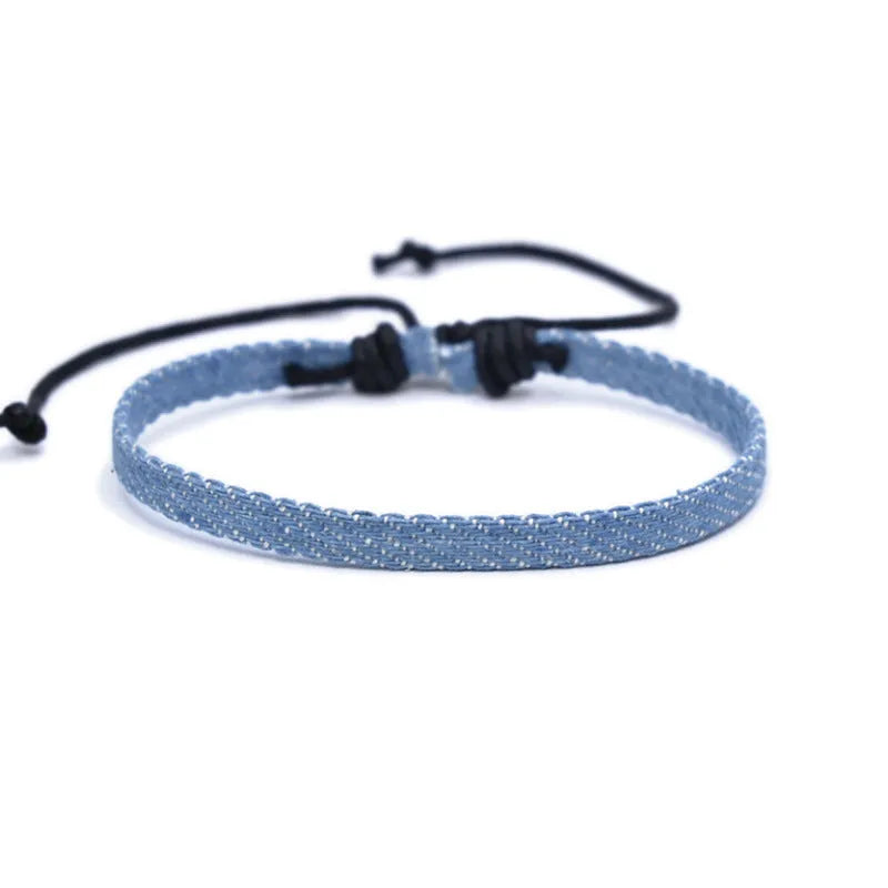 Denim fabric bracelet strap with leather adjustable cord in multiple colour options