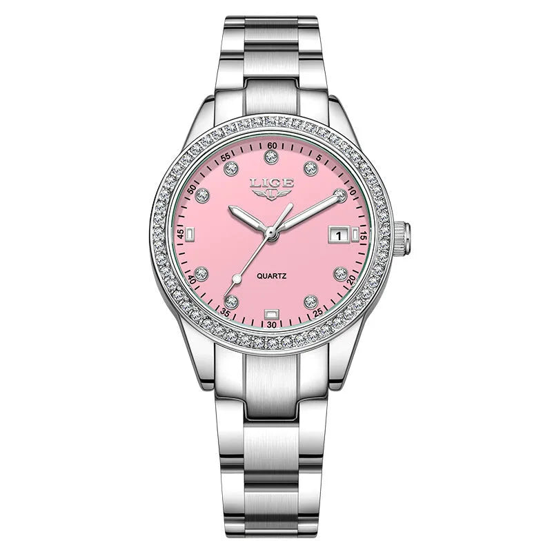 Silver fashion watch with diamond dial, luminous hands, and stainless steel case.