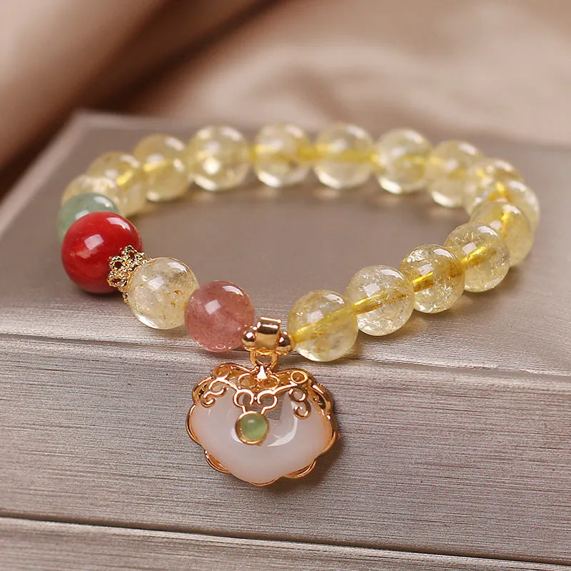 Women's natural citrine jade ruyi pendant bracelet with yellow crystal stone and adjustable alloy clasp
