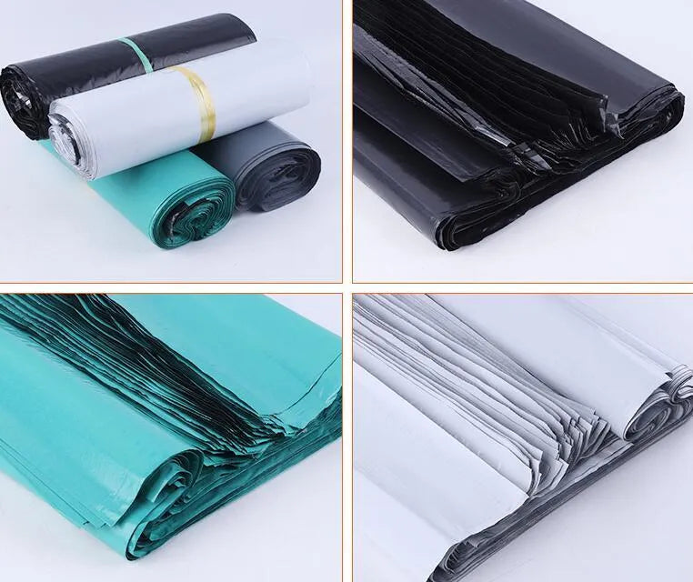 Black, grey, green, and white PE courier bags with adhesive sticker seals in various sizes.