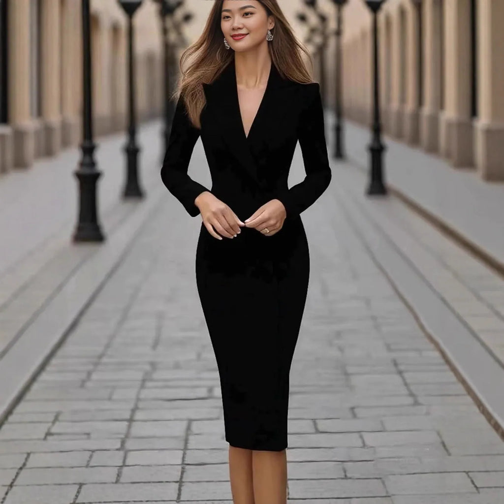 Women's single-breasted long sleeve coat dress with high waist in polyester fabric.