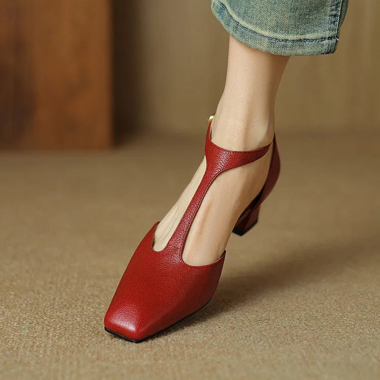 Wine red retro square toe chunky heel sheepskin leather shoes with buckle fastening