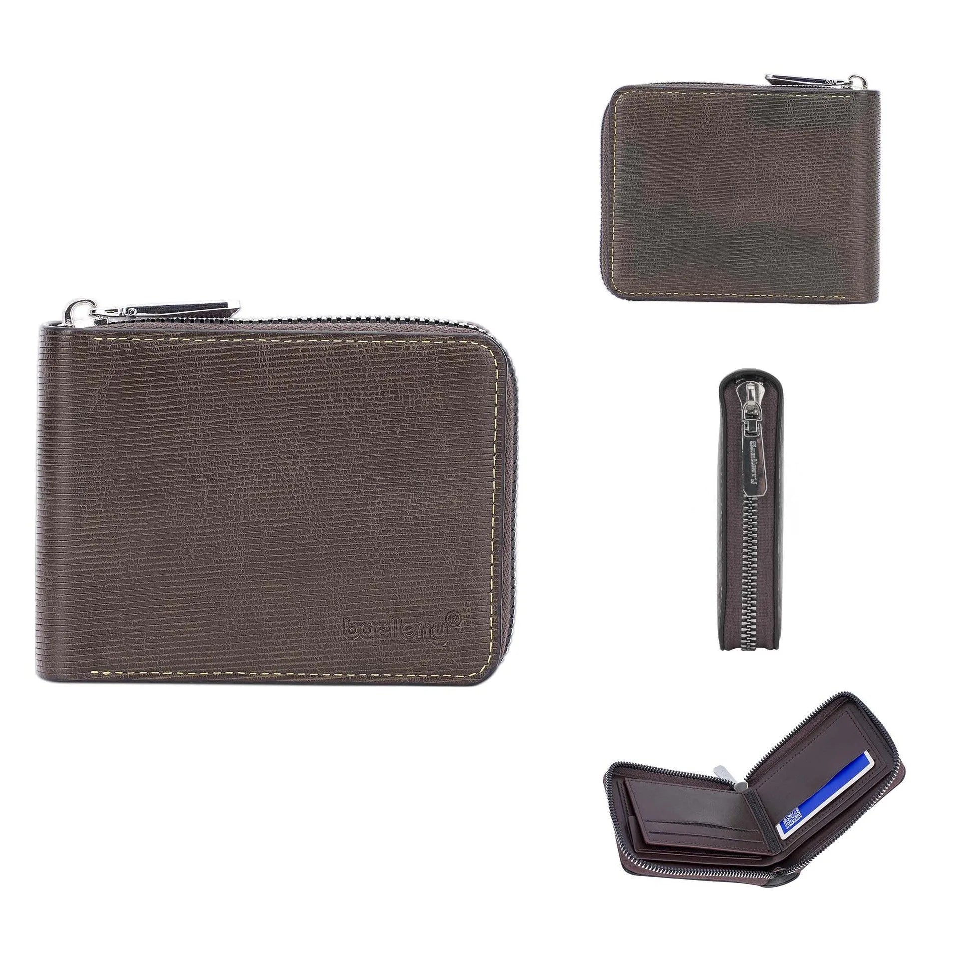 Black embossed leather-look anti-theft wallet with zipper closure and credit card slots
