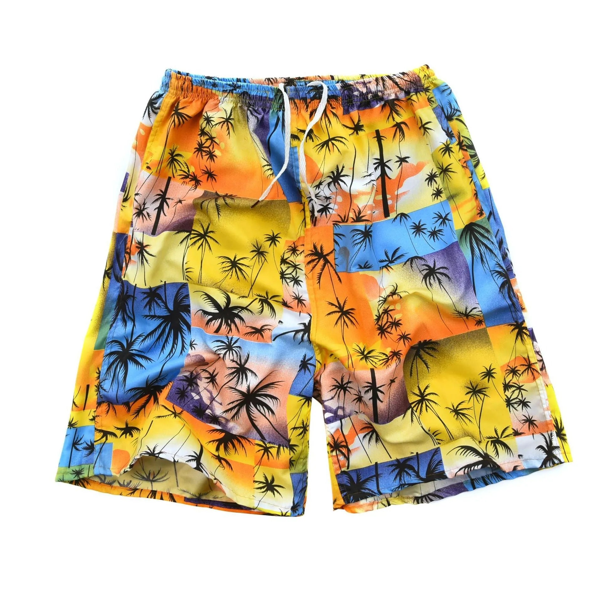 Men's casual floral print five-point swimming trunks made from polyester fabric.
