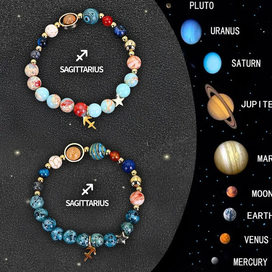 Set of two natural stone beaded bracelets showing zodiac sign charms on a wooden surface.