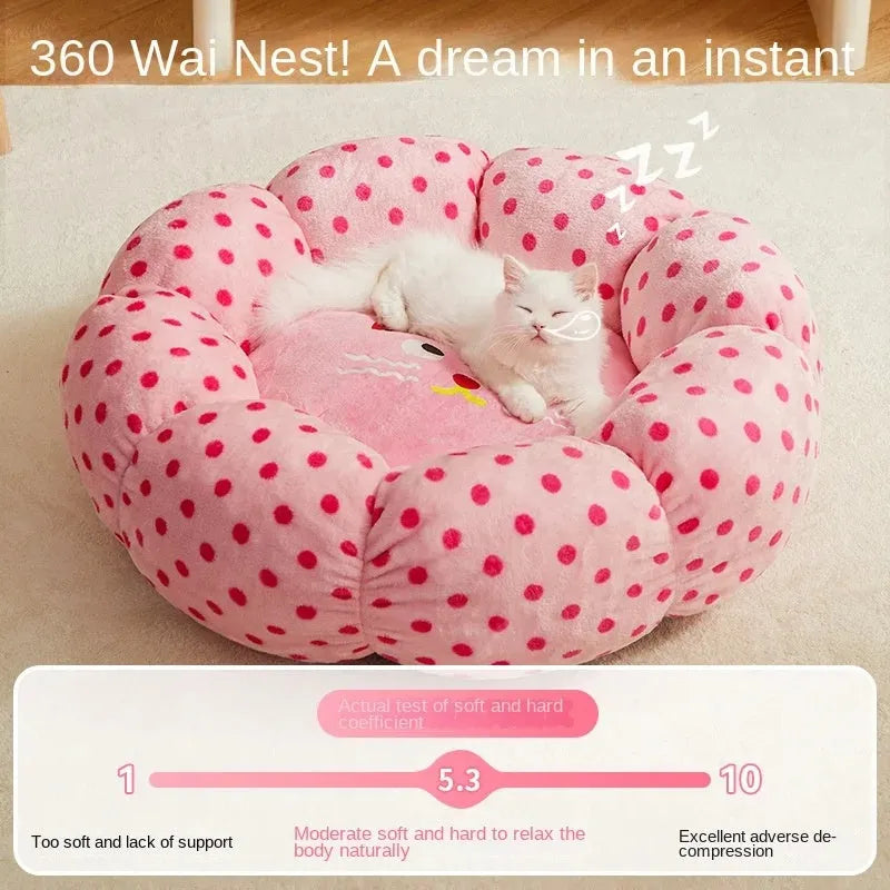 Pink dot pattern cat bed cushion with princess-style design in fabric material