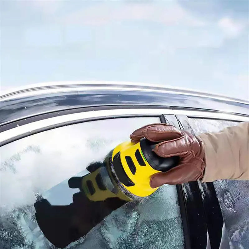 Yellow cordless electric ice scraper with rounded ABS blade for car window de-icing