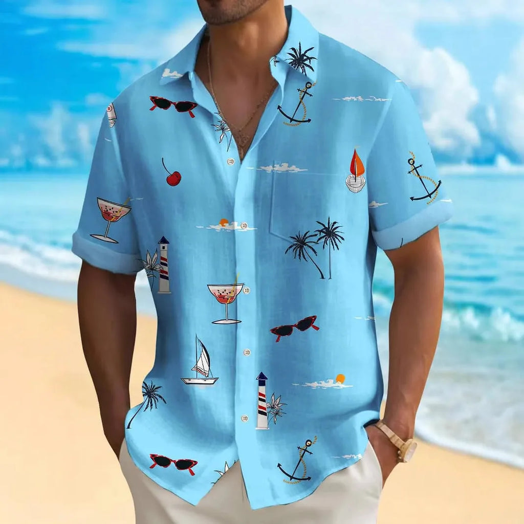 Man wearing a loose fit, short sleeve Hawaiian shirt with a colourful digital print pattern.