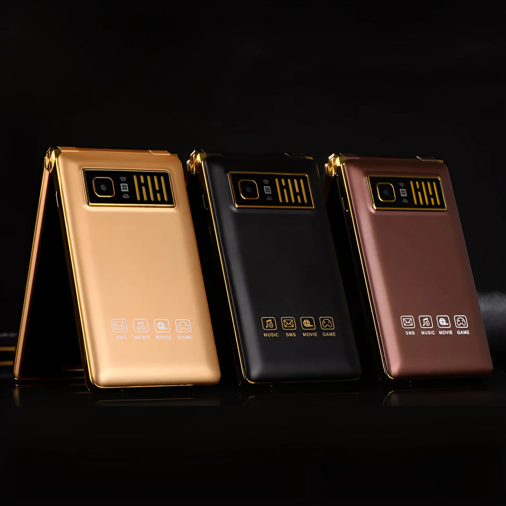 Black dual screen flip mobile phone showing both internal touch screen and smaller external display.