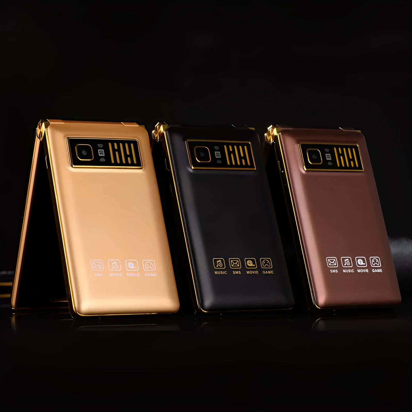 Black dual screen flip mobile phone showing both internal touch screen and smaller external display.