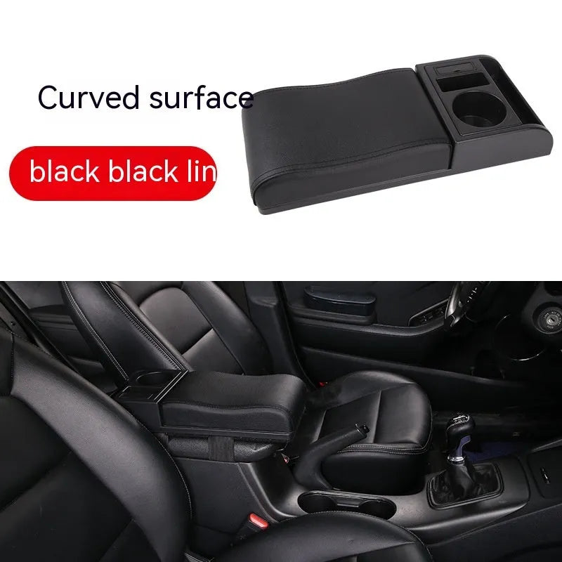 Universal automobile armrest cover with height adjustment in black PU leather finish