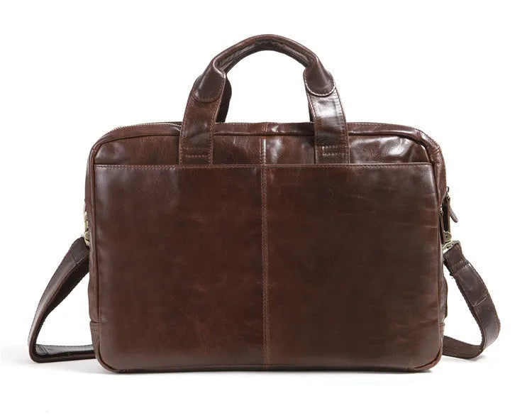 Brown 18-inch men's business briefcase made from first layer cowhide leather with polyester cotton lining