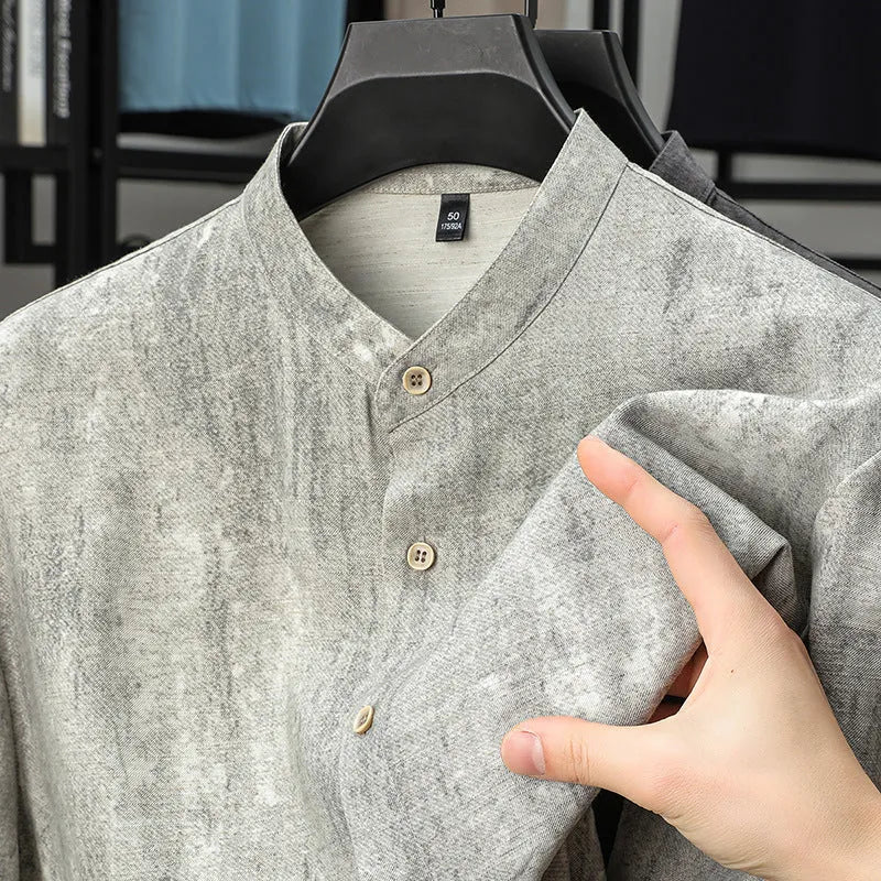 Men's loose fit short sleeve linen shirt in cardigan style with a stand collar.