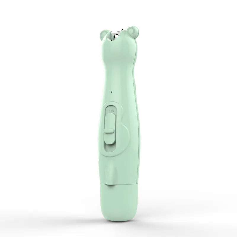 Green electric baby nail clippers with 6 grinding heads and USB charging cable