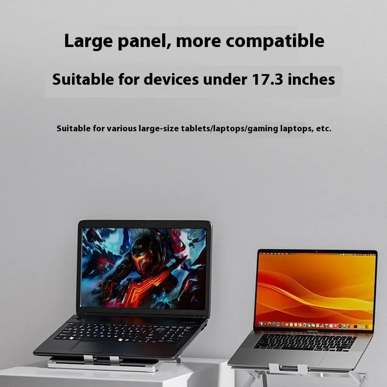 Aluminium alloy foldable laptop cooling stand showing dimensions and riser mechanism