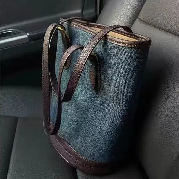 Denim patchwork style large capacity bucket handbag with one shoulder strap