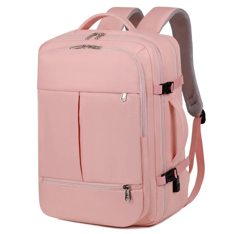 Large waterproof oxford cloth backpack with multiple pockets open to show 15.6-inch laptop compartment