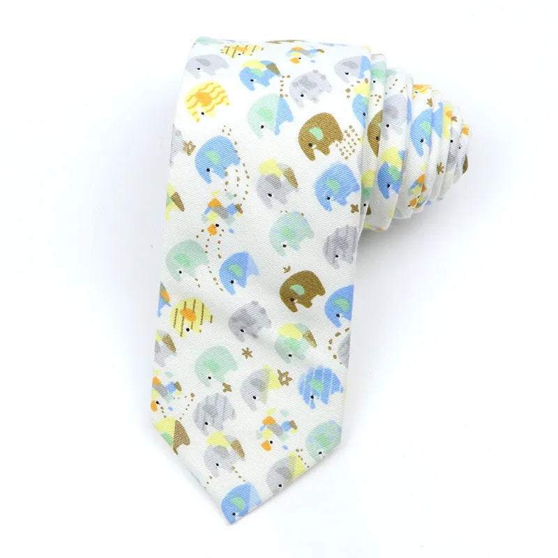 Korean style narrow men's cotton bow tie with a printed cartoon pattern in a selected colour.