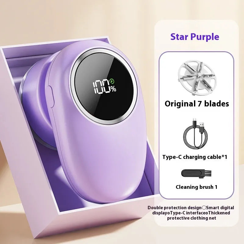 Purple and beige digital fur ball trimmer lint remover with adjustable cutter heads and a USB cable.
