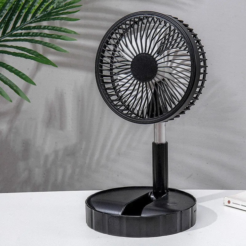 Black portable telescopic folding fan extended to full height with control panel visible