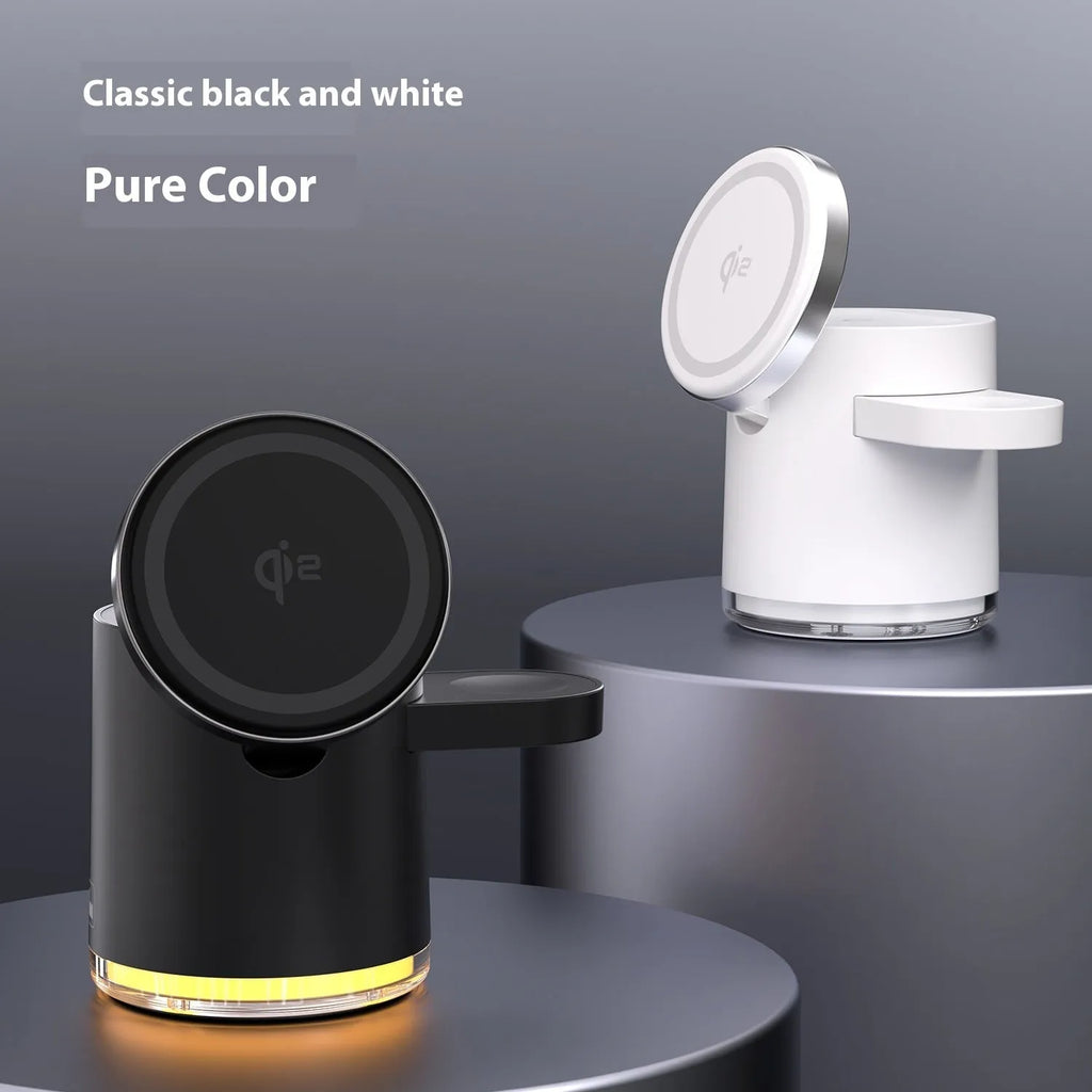 Portable magnetic folding wireless charger C16 in black and ivory white colours showing three-device charging capability