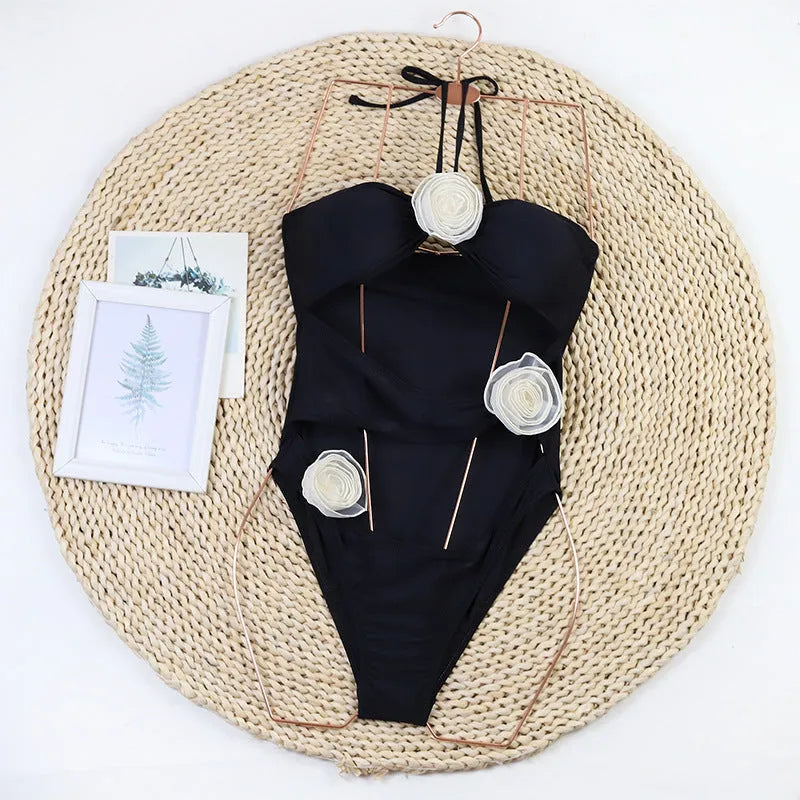 Women's black and blue stripes 3D floral one-piece swimsuit with nylon fabric construction