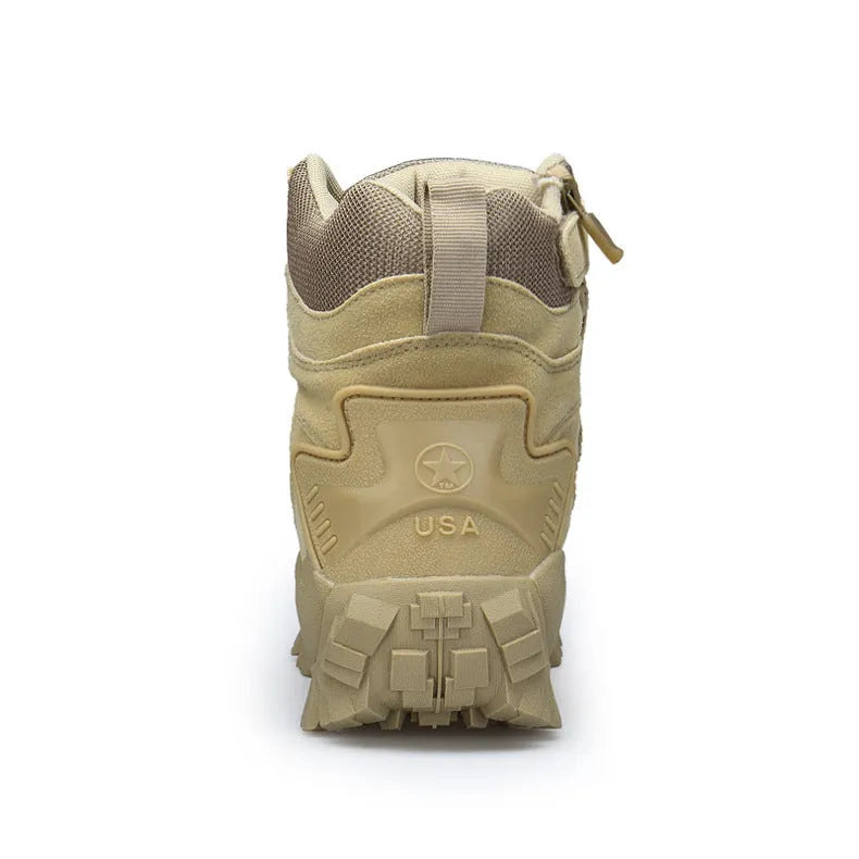 Men's US Army style Delta tactical boots in black with rubber sole, shown on a rough outdoor surface.