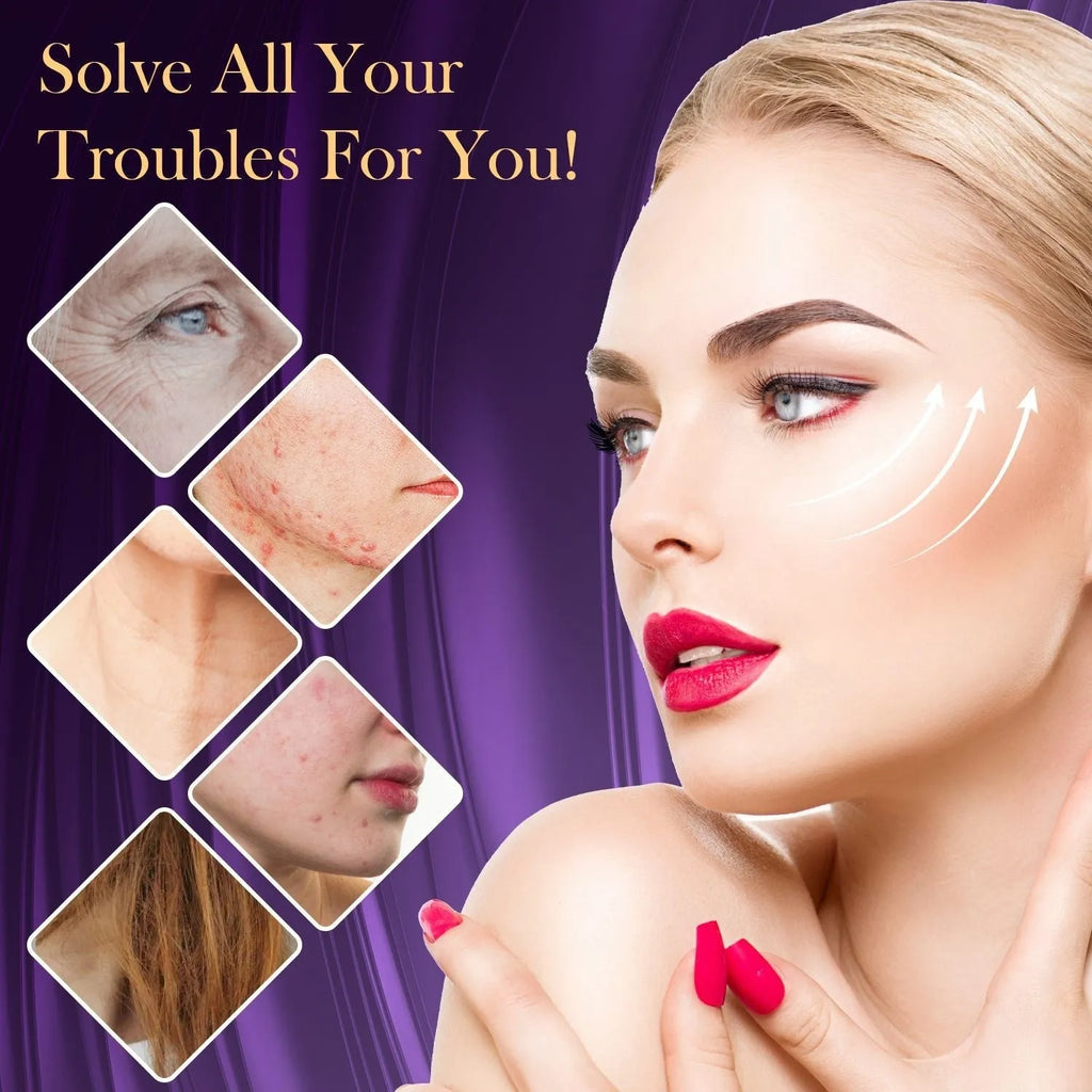 Purple high-frequency electrotherapy rod with six accessory heads for professional skin rejuvenation treatments