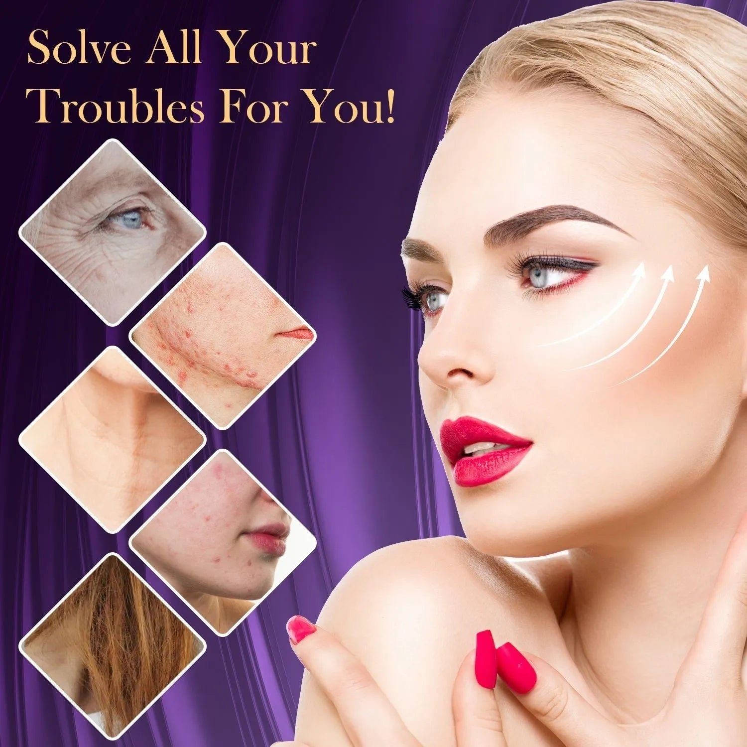 Purple high-frequency electrotherapy rod with six accessory heads for professional skin rejuvenation treatments