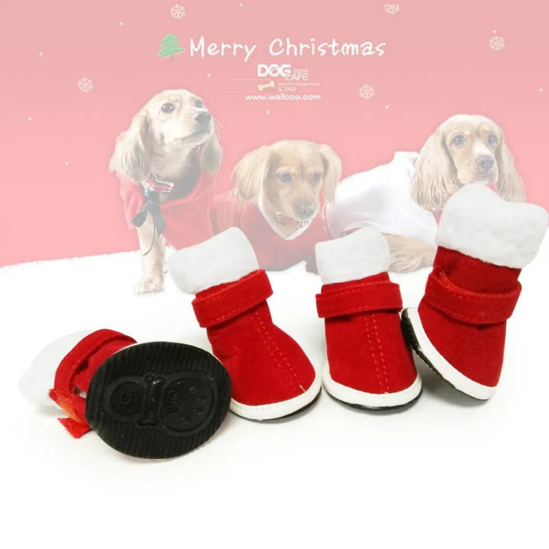 Red pet warm plush Christmas shoes with non-slip rubber sole for small dogs on a festive background