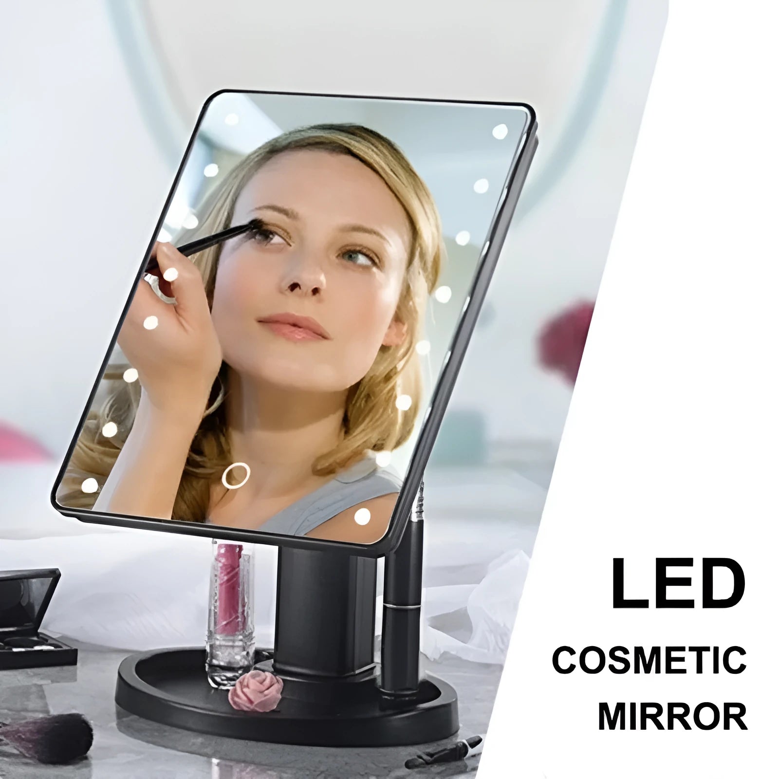 Portable tabletop cosmetic mirror with LED lights touch control 360 degree rotation 17x22 cm black finish