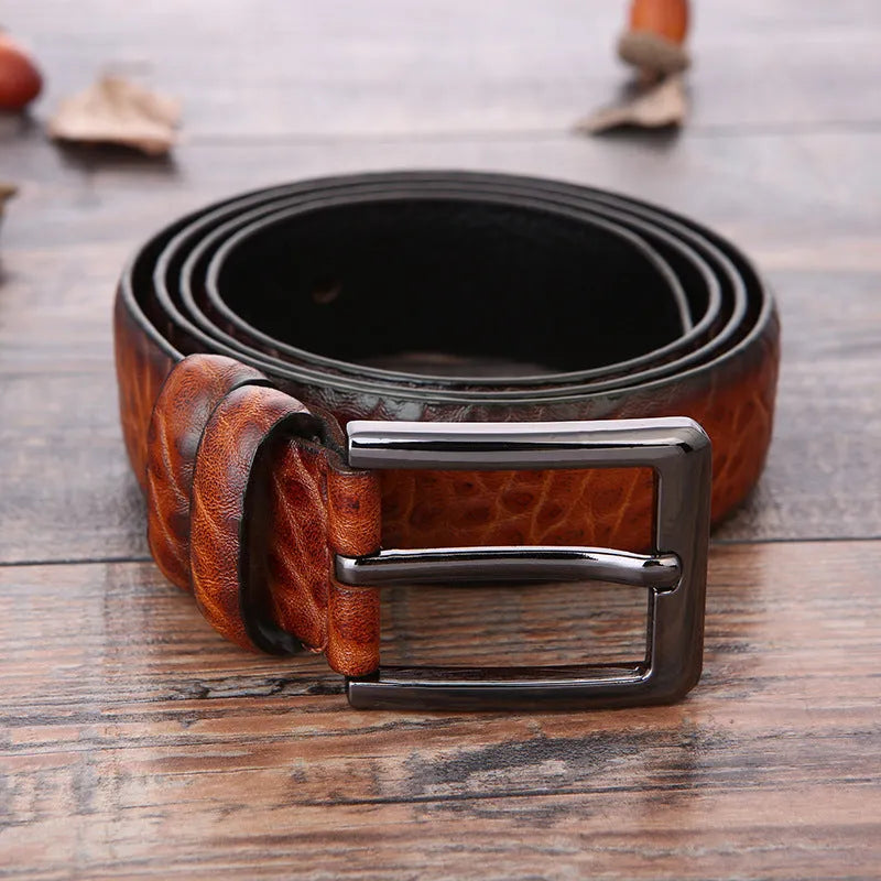 Men's black imitation leather business belt with an alloy pin buckle and laser logo elephant pattern.