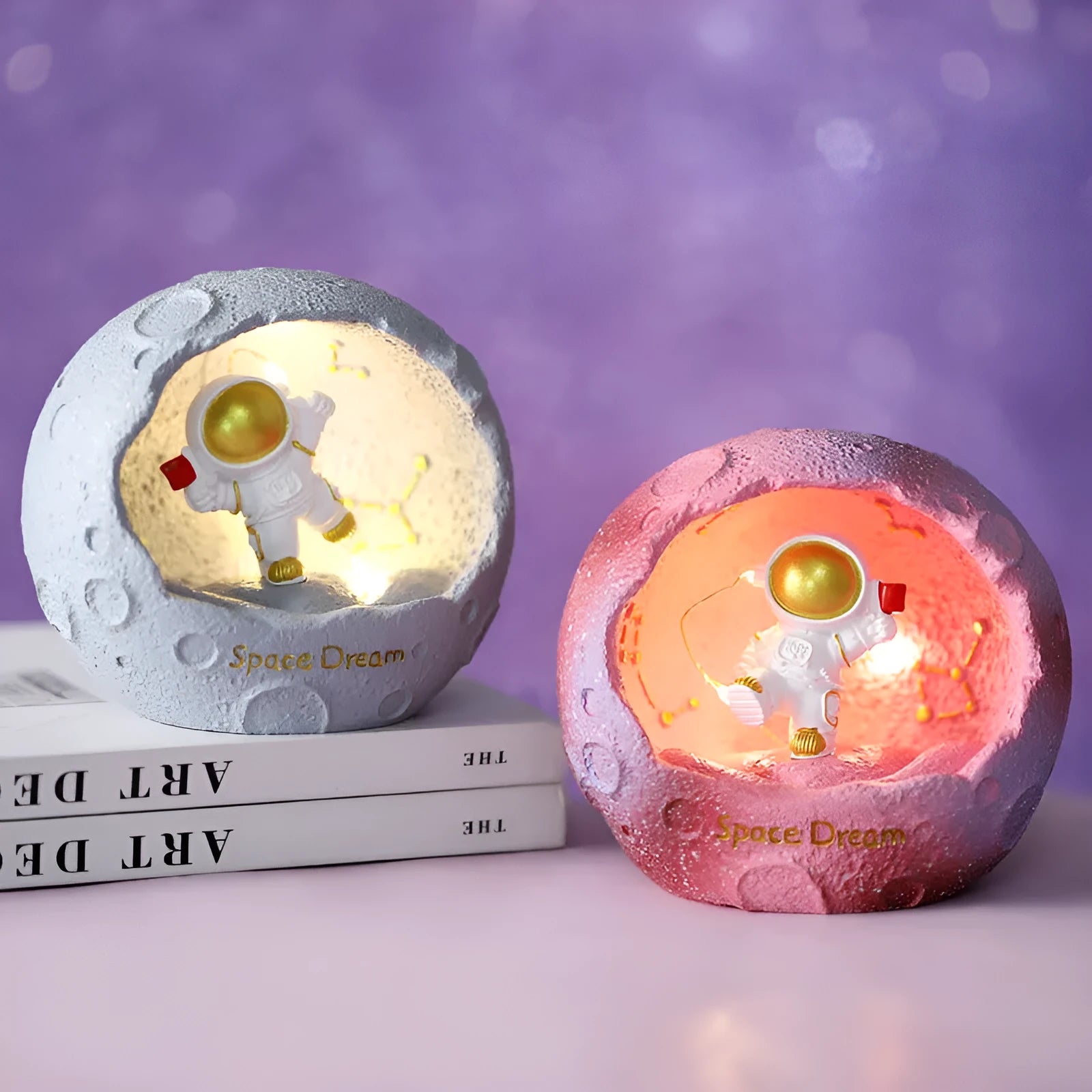 Synthetic resin cartoon spaceman night light ornament on bedroom table with battery power