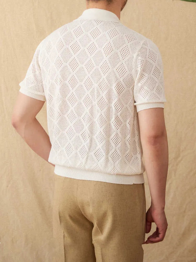 Cotton short sleeve cardigan with front zipper and lapel collar in light brown colour