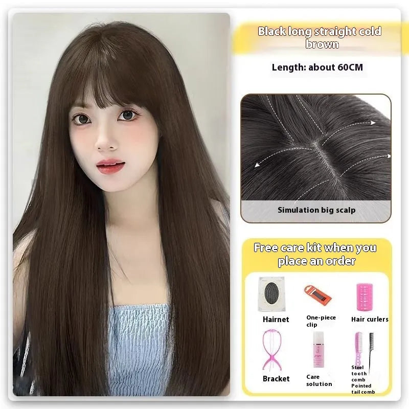 Forehead lace long straight full-head wig in dark brown colour with side bangs styling