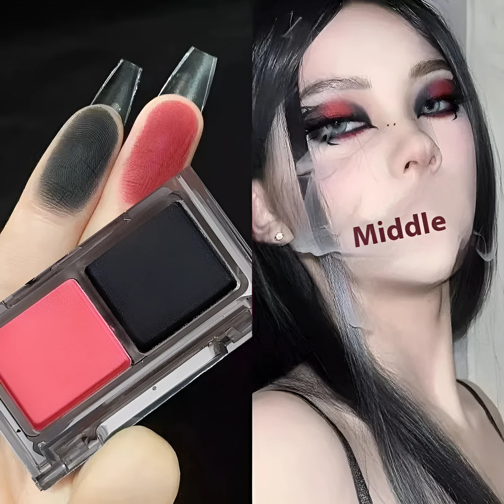 Two-tone eyeshadow palette showing five colour combinations including pink and black shades