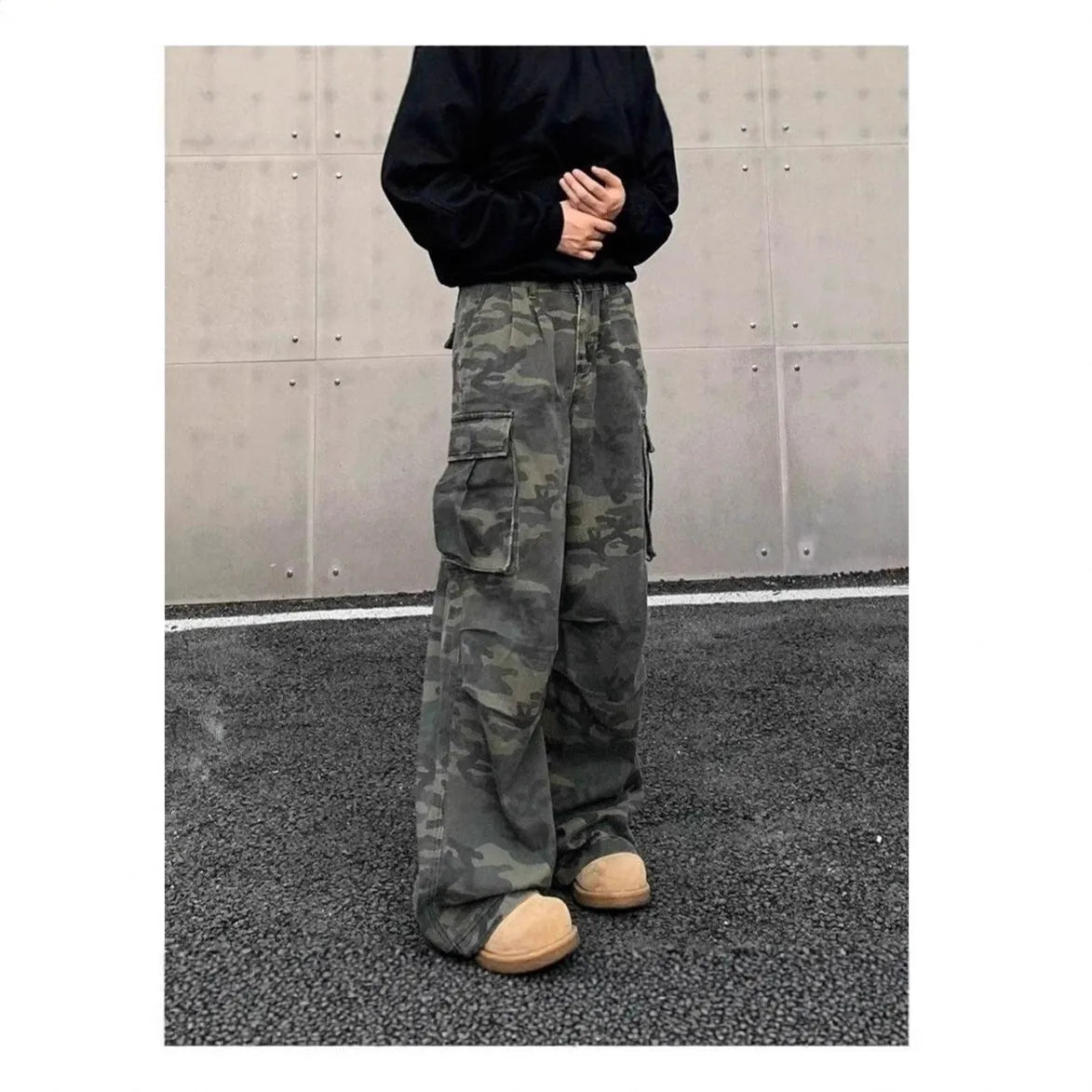 Men's cotton blend cargo trousers with multiple pockets in washed camouflage pattern