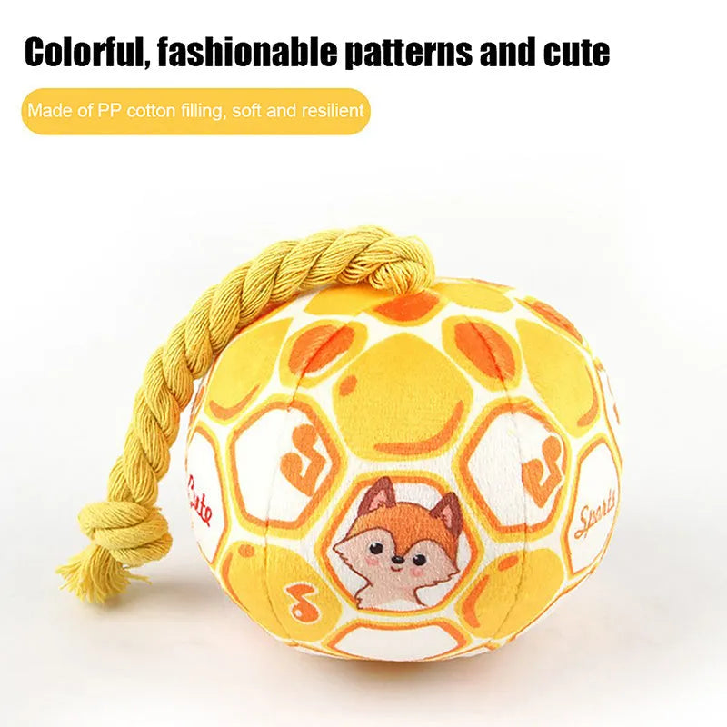 Blue elastic football dog tug toy made from cotton rope for interactive play