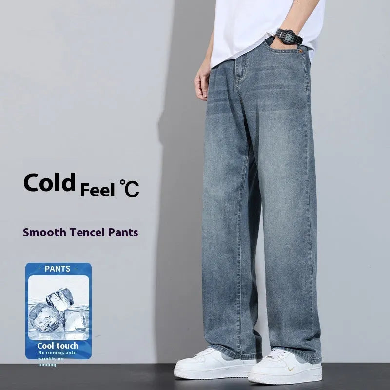 Straight-leg casual trousers in ice silk denim with wide leg fit and zip fly closure