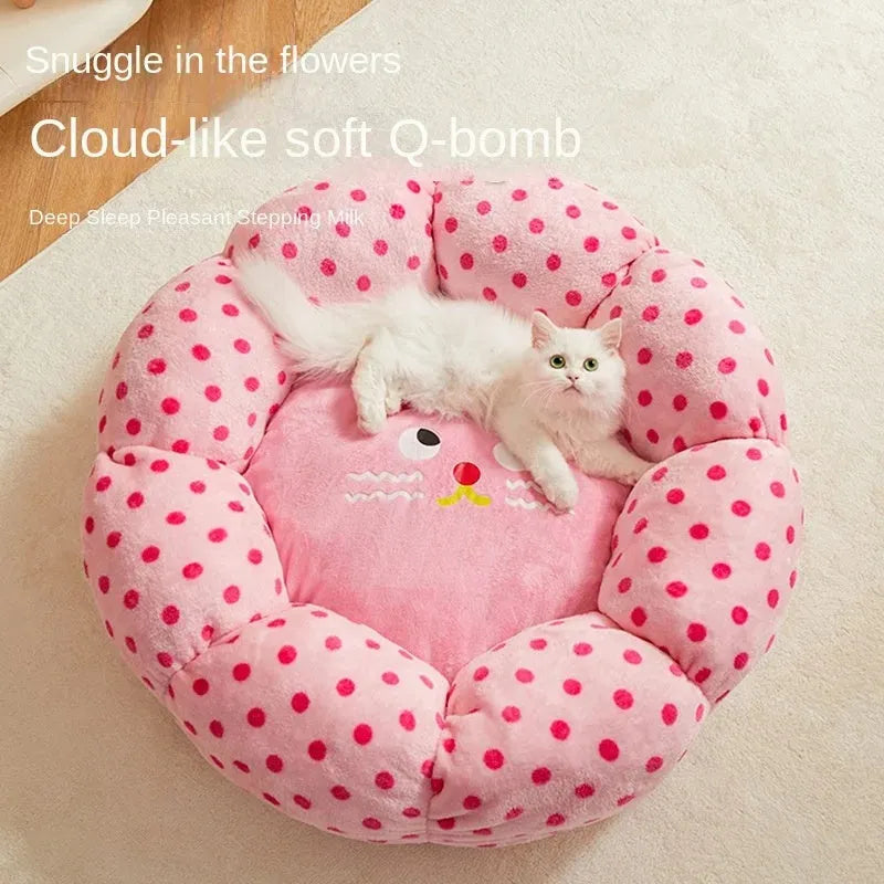 Pink dot pattern cat bed cushion with princess-style design in fabric material