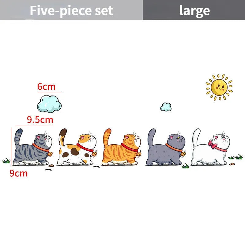 PVC car sticker showing five cats walking, available in three sizes for vehicle decoration
