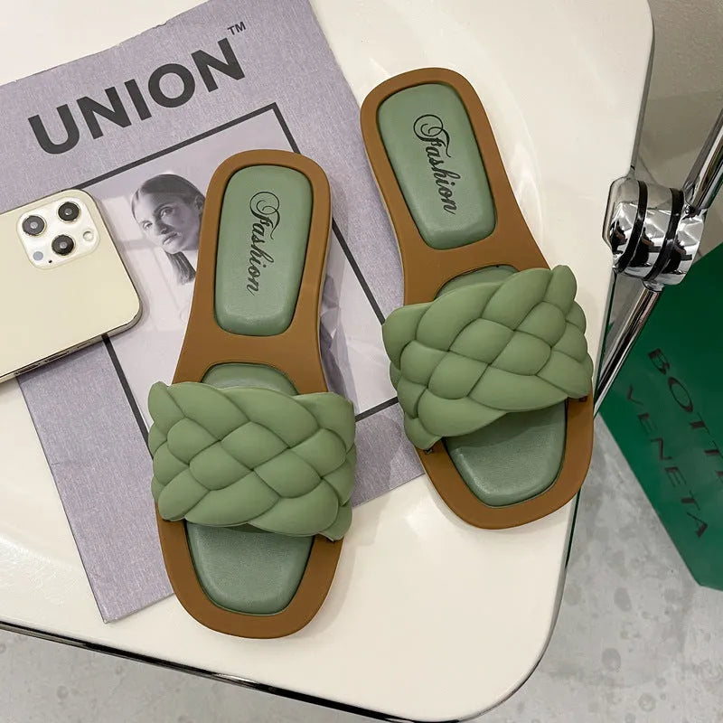 Women's plaid pattern beach sandals with thick anti-skid PVC soles in black, green, orange and white colours