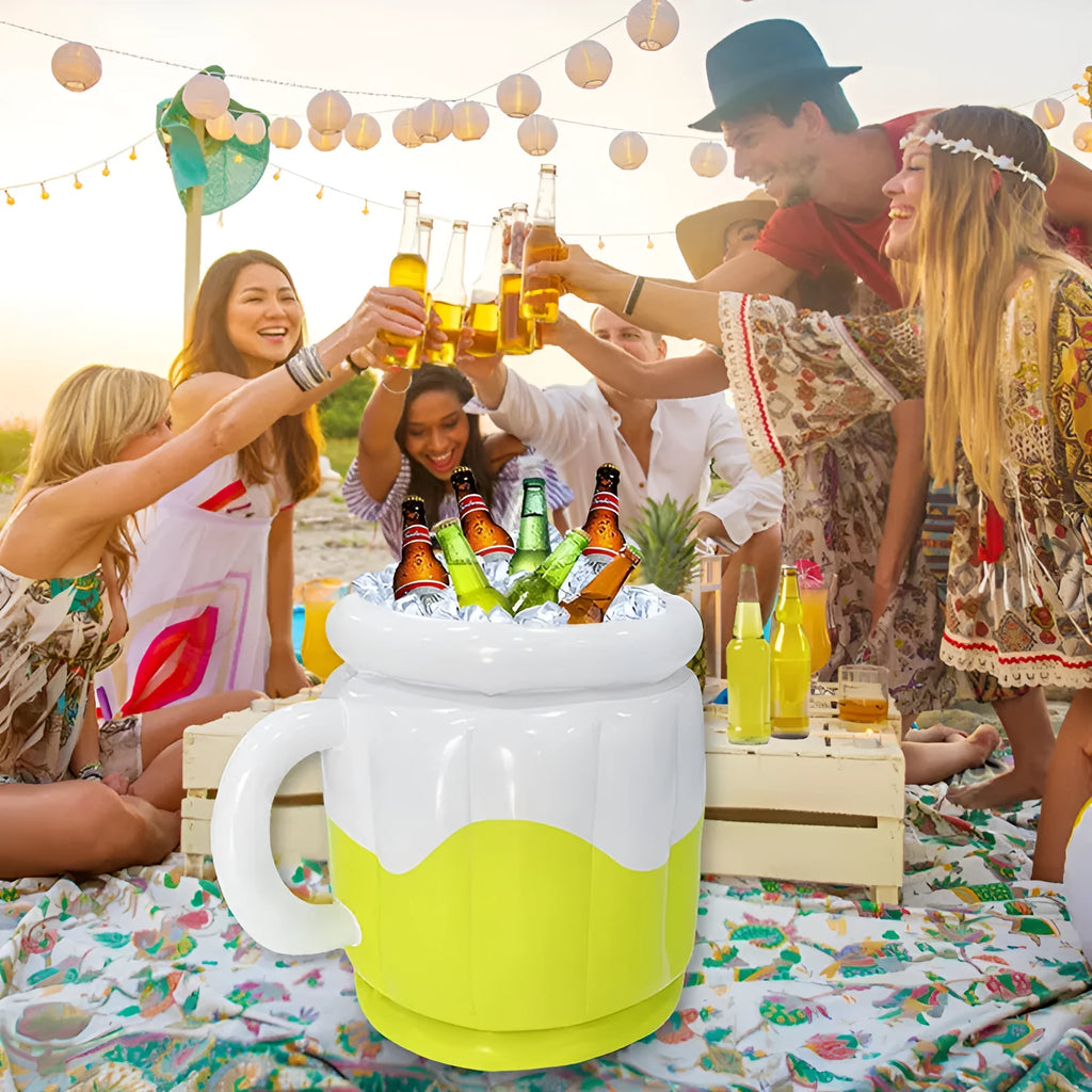 Yellow inflatable PVC ice bucket for beer steins with carry handle