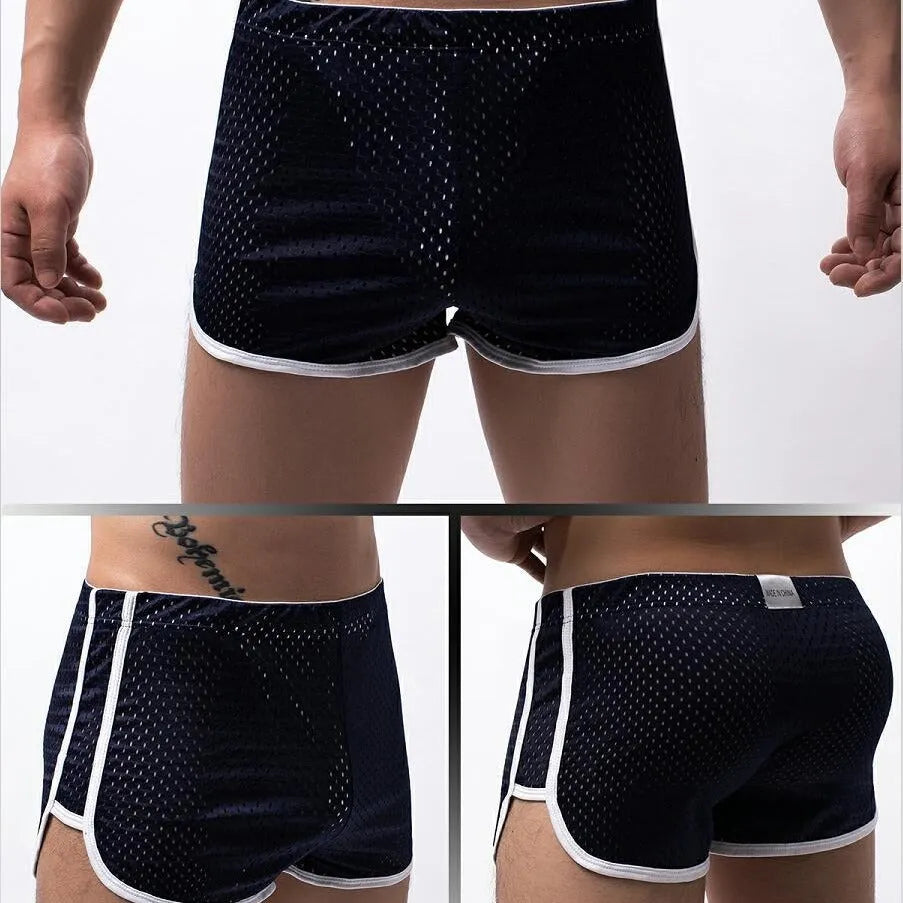 Men's three-point boxers in black, gray, and blue showing breathable knitted cotton nylon fabric and mid-waist fit.