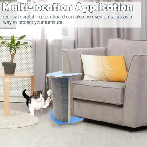 Dark grey vertical cat corner scratching pad with hanging ball on a cardboard surface.